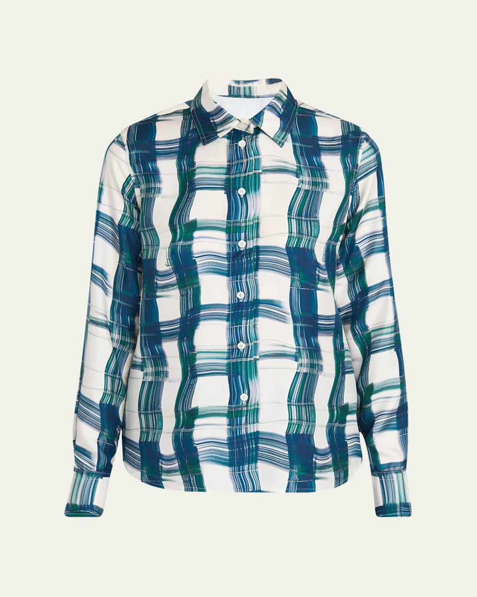 Brushstroke Check Button Down Silk Blouse